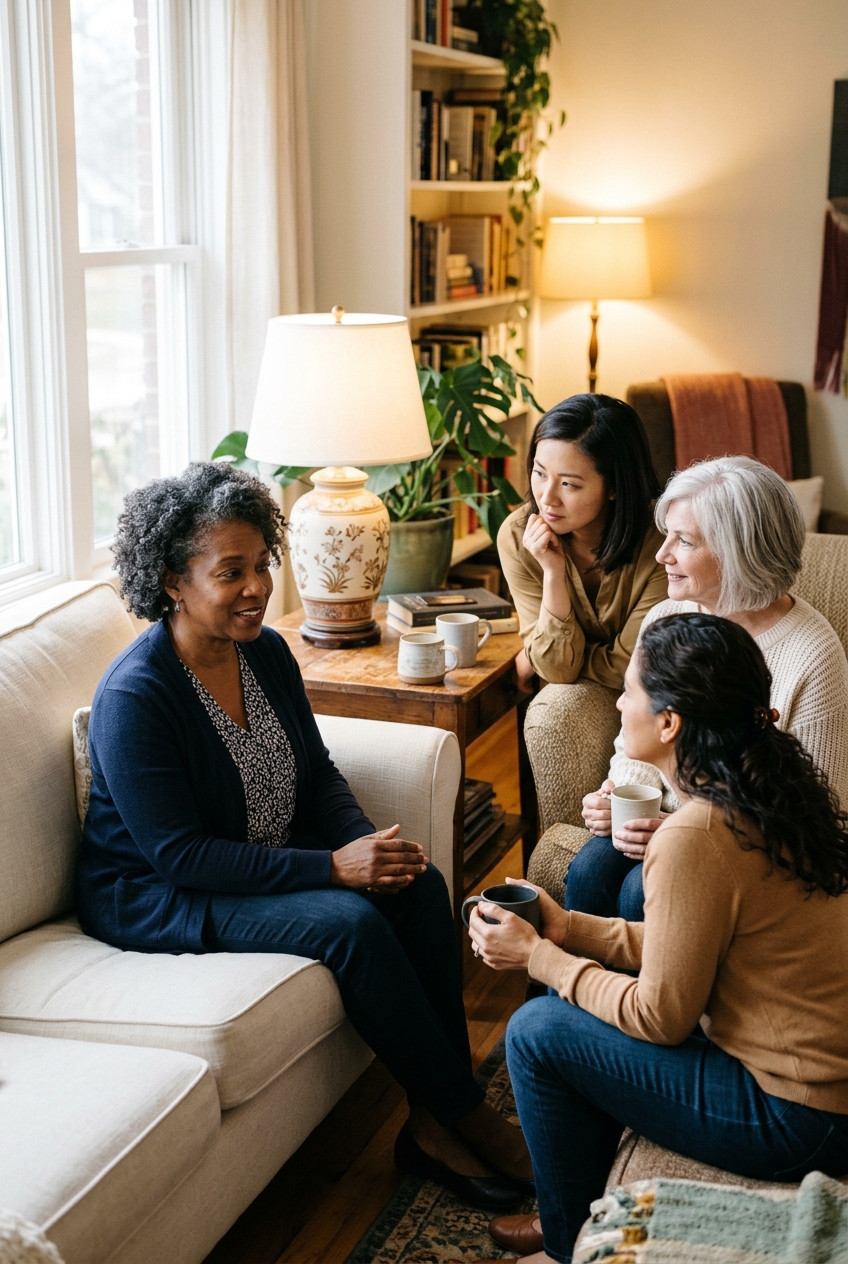 Women of different ages and backgrounds in honest conversation